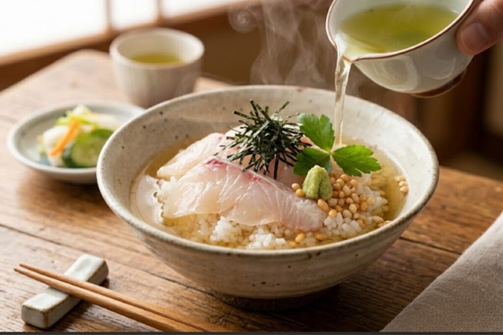 和風の器にふっくら炊けたご飯と新鮮なマダイのお刺身を乗せ、上品な出汁を注いで湯気が立ち上る贅沢な鯛茶漬けの瞬間