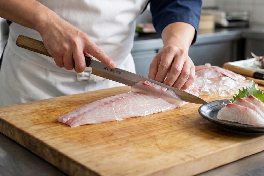門司港エリアの魚捌き専門店でプロの料理人が綺麗にサクからお刺身へと仕立てている手元の様子
