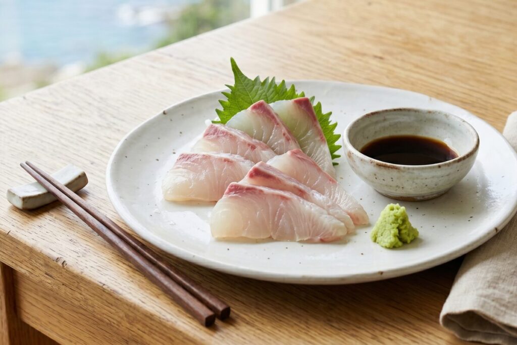 明るい自然光が差し込む和の空間で、白い平皿に大葉とわさび、醤油を添えて美しく盛り付けられた新鮮な関門マダイのお刺身の料理写真
