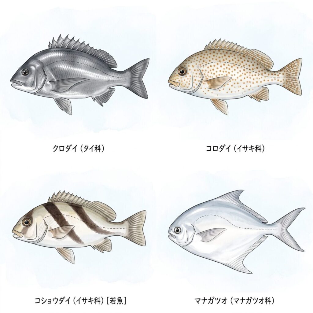 関門海峡で釣れるクロダイ、コロダイ、コショウダイ、マナガツオのイラスト