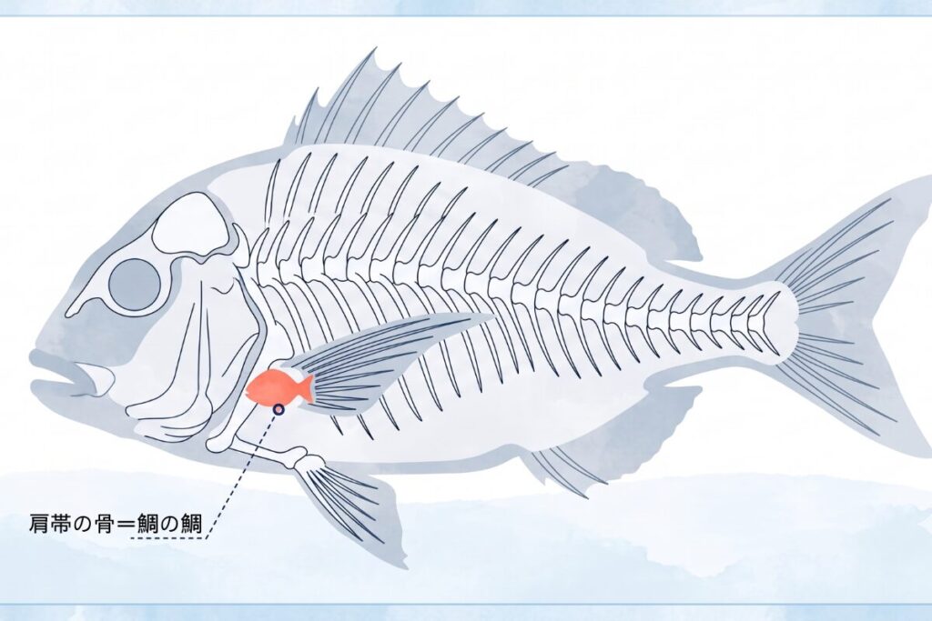 鯛の体内の肩帯の骨(鯛の鯛)の場所を記したイラスト