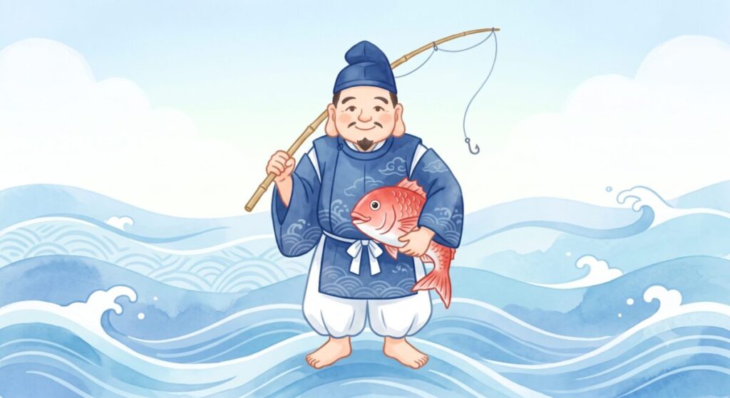 右手に釣り竿、左手に鯛を抱える恵比寿様のイラスト