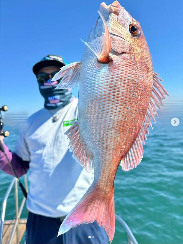 北九州の遊漁船FOLK IN ONで関門海峡で釣り上げた美しいマダイとお客様の２ショット