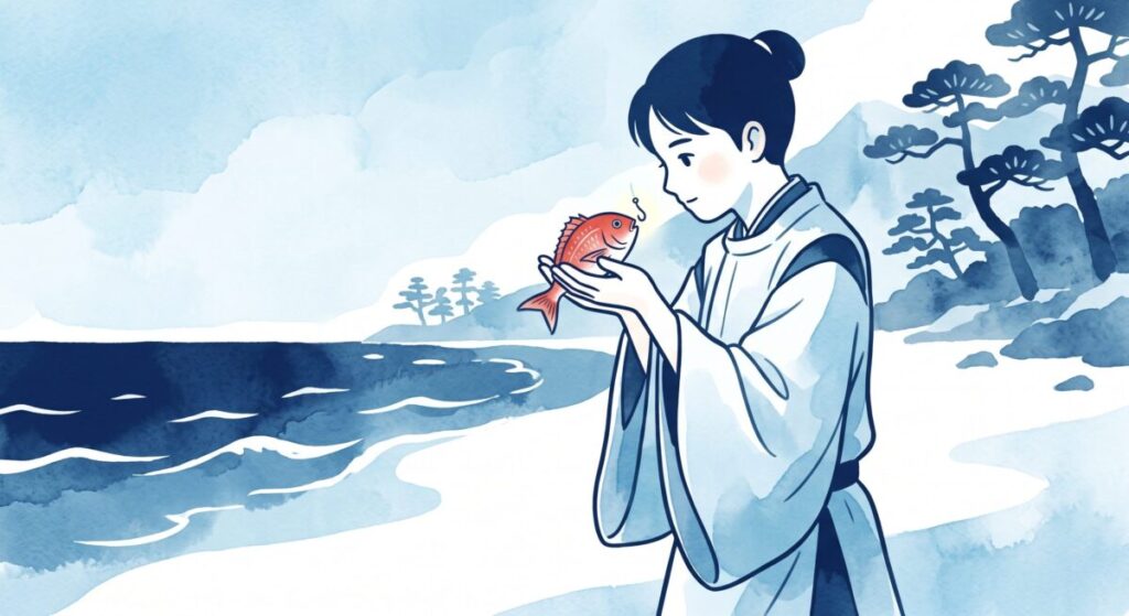 山幸彦が真鯛の口の釣り針を見つけたイラスト