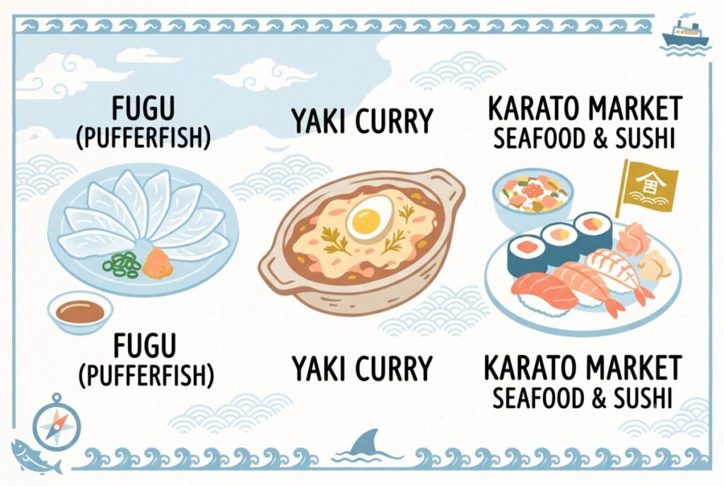 Illustration of Kanmon Strait local food specialties: fugu pufferfish, yaki curry, and Karato Market seafood and sushi