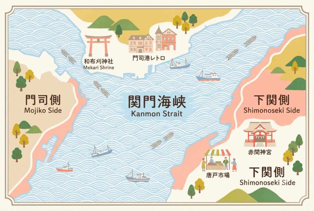 Illustrated map of the Kanmon Strait showing Mojiko and Shimonoseki sides, with Mekari Shrine, Mojiko Retro, Karato Market, and Akama Shrine